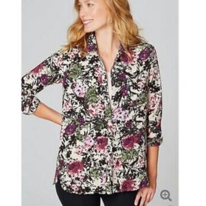 J Jill Relaxed Shirttail Oatmeal Floral Blouse Top Button Down Shirt size M